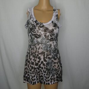 Cache Cheetah Print Floral Beaded Tank Top Scoop Neck Animal Sparkly Rhinestones
